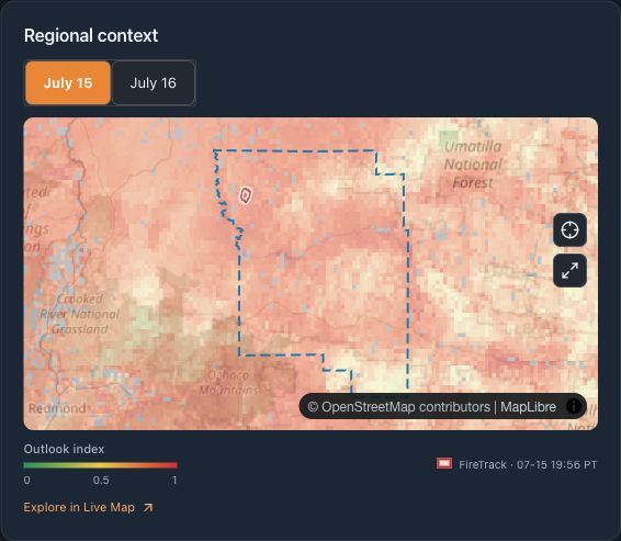 Wheeler County regional context map with the July 15 FireOutlook layer and an observed thermal footprint at 7:56 p.m. PDT.