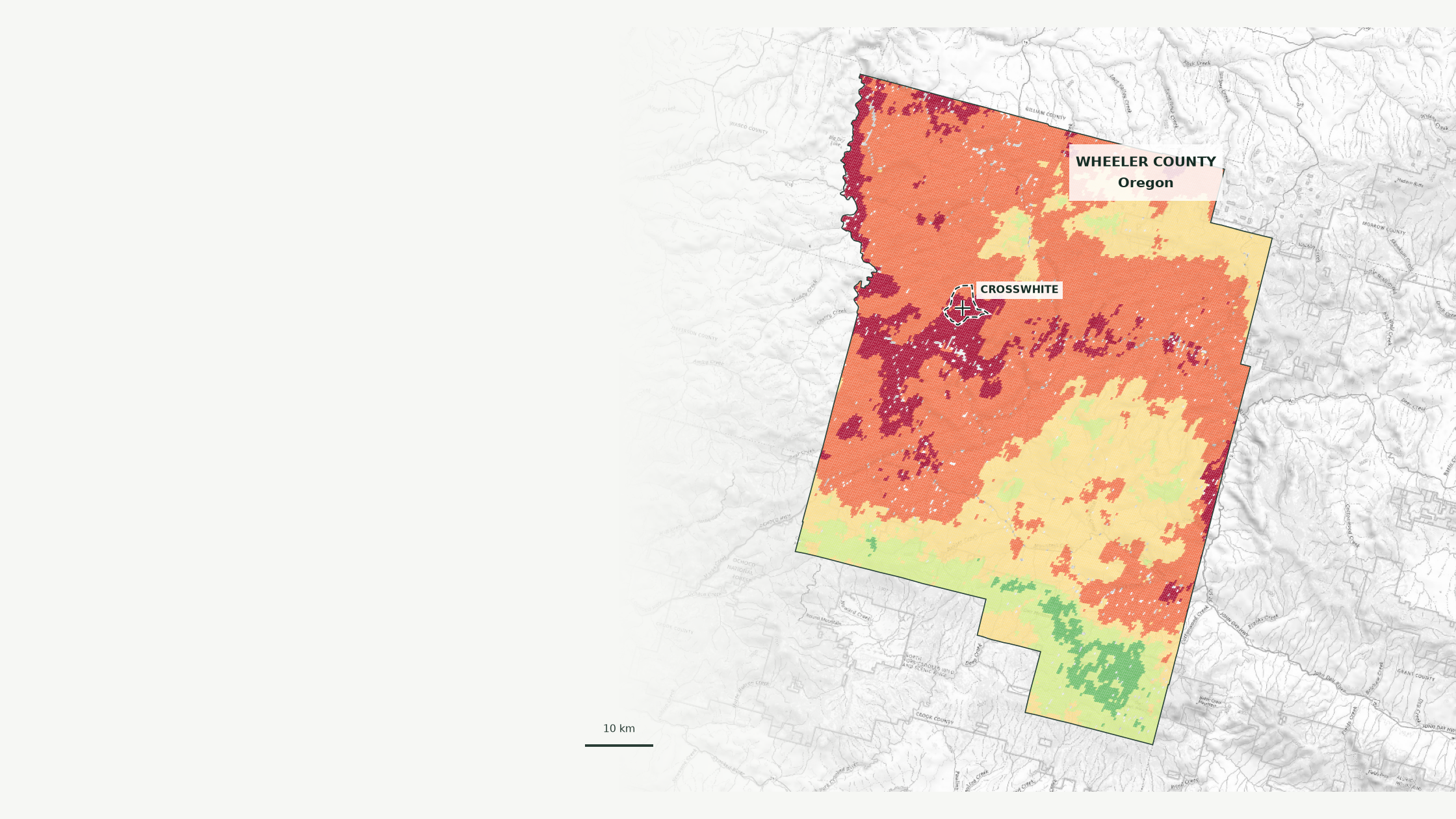 July 14 FLARE FireOutlook within Wheeler County, Oregon. The solid outer outline is the county boundary; the small dashed outline marks Crosswhite's early fire perimeter.