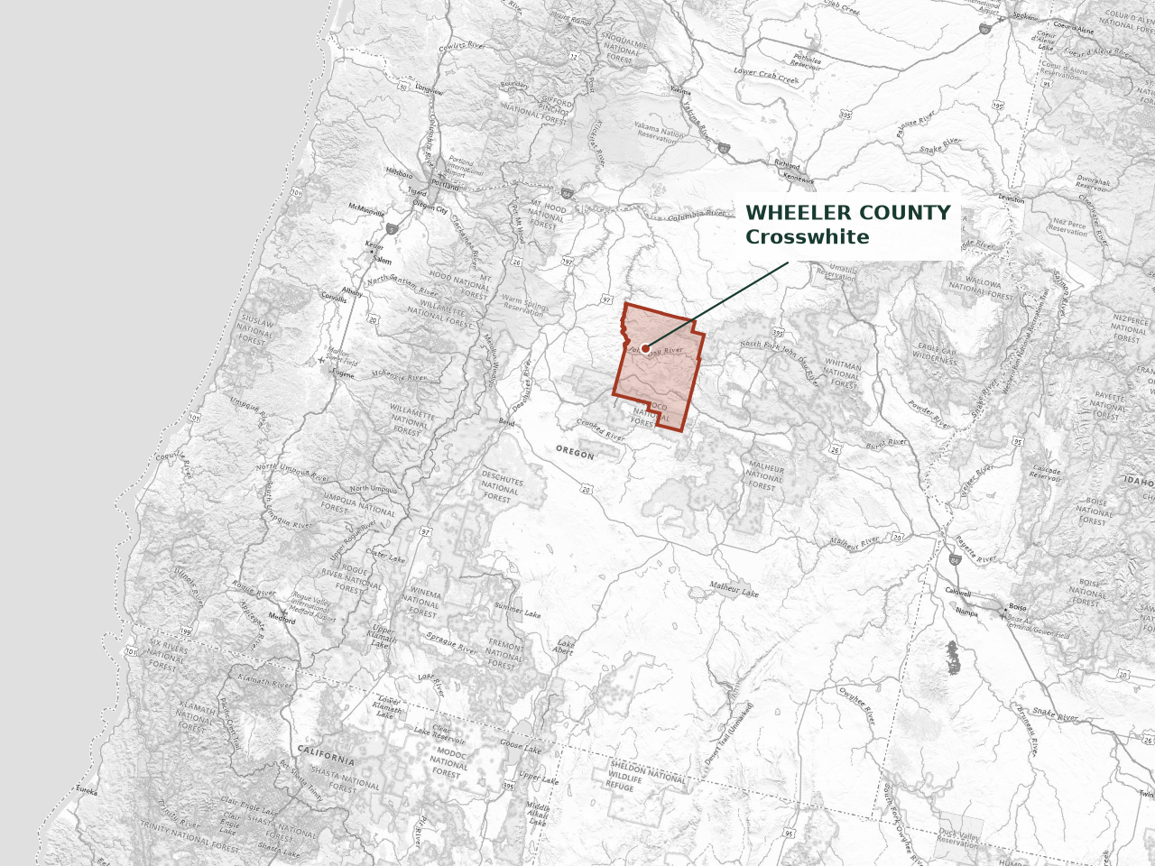 Oregon basemap with Wheeler County outlined and the Crosswhite origin marked in the north-central part of the state.